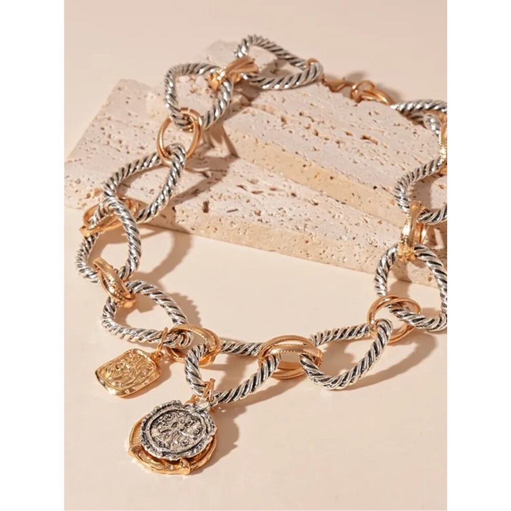 Zara Stainless Steel Two Tone Coin Statement Necklace Chunky Vintage Luxe Boho - Picture 10 of 15